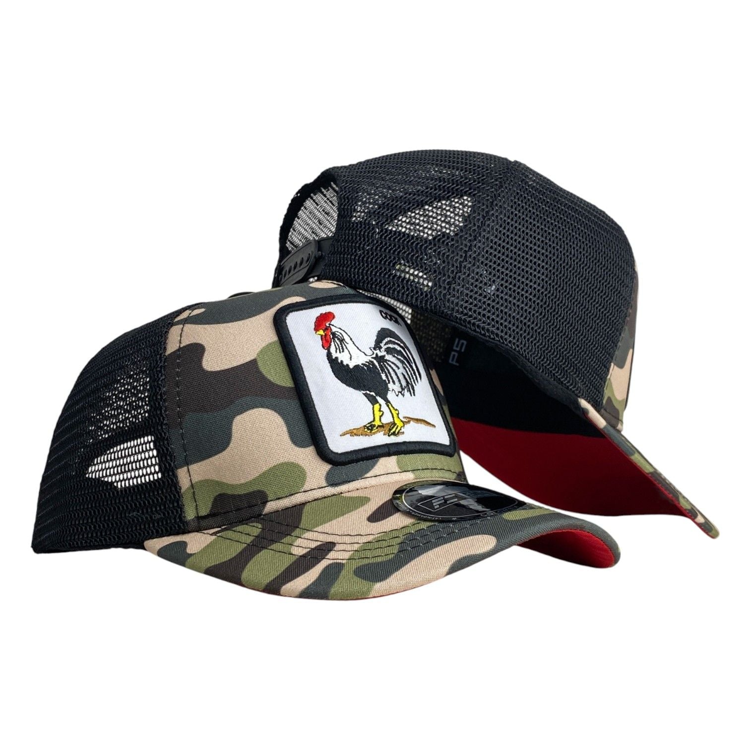Gorra Full Corral Camo con Malla Negra y Bordado de Gallo.