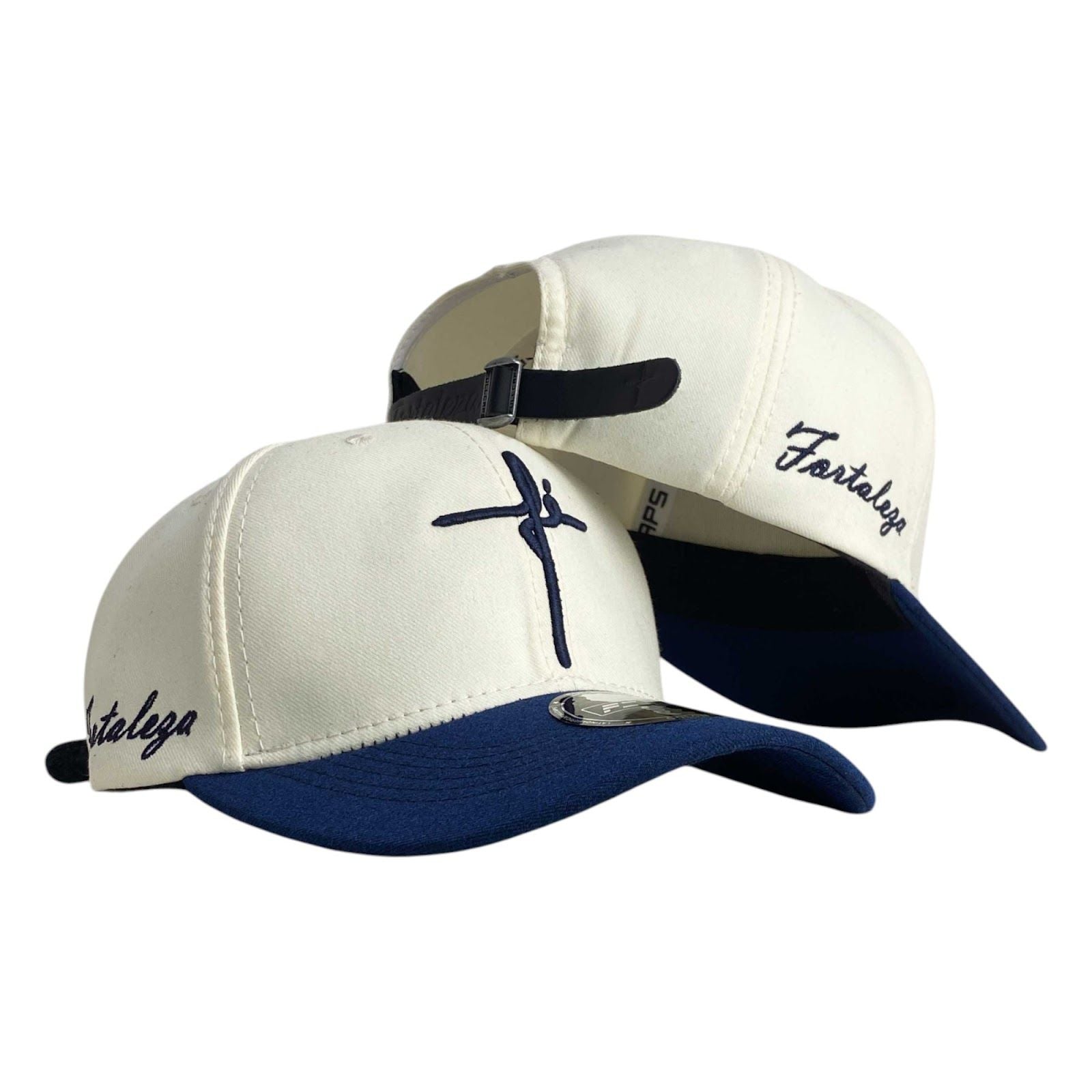 Gorra FE Blanca con Visera Azul y Bordado en Relieve.