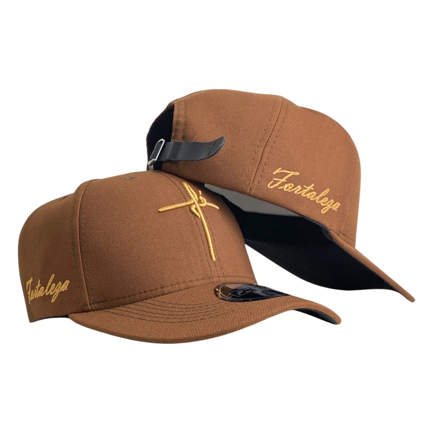 Gorra FE Marrón con Bordado de Cruz y Cierre de Cuero.