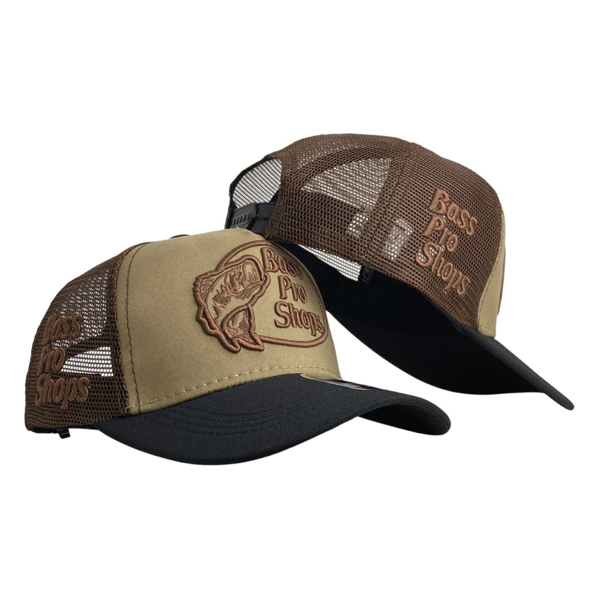 Gorra Bass Pro Shop Beige con Malla Marrón y Bordado en Relieve.