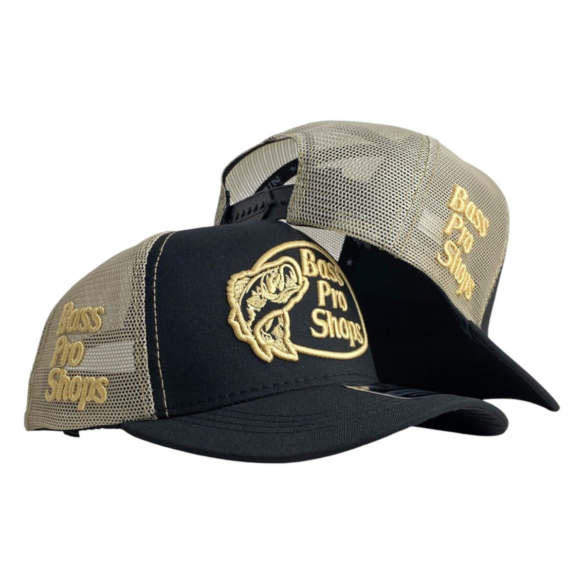 Gorra Bass Pro Shop Negra con Malla Beige y Bordado en Relieve.