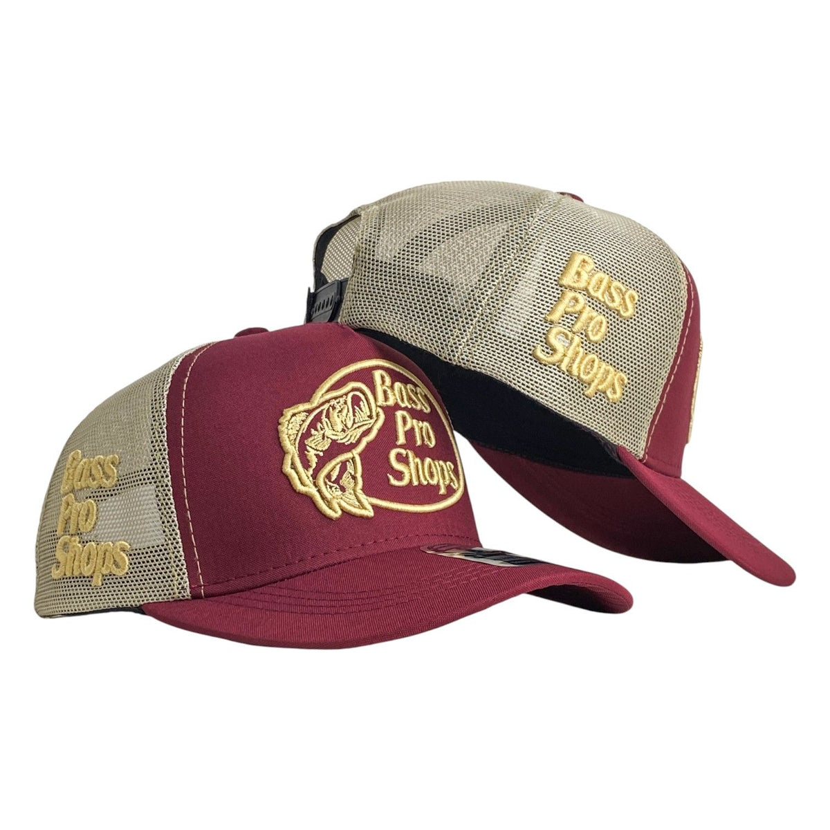 Gorra Bass Pro Shop Burdeos con Malla Beige y Bordado en Relieve.