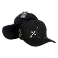 Gorra FE Negra en Gamuza con Bordado de Rosario y Manos en Oración.