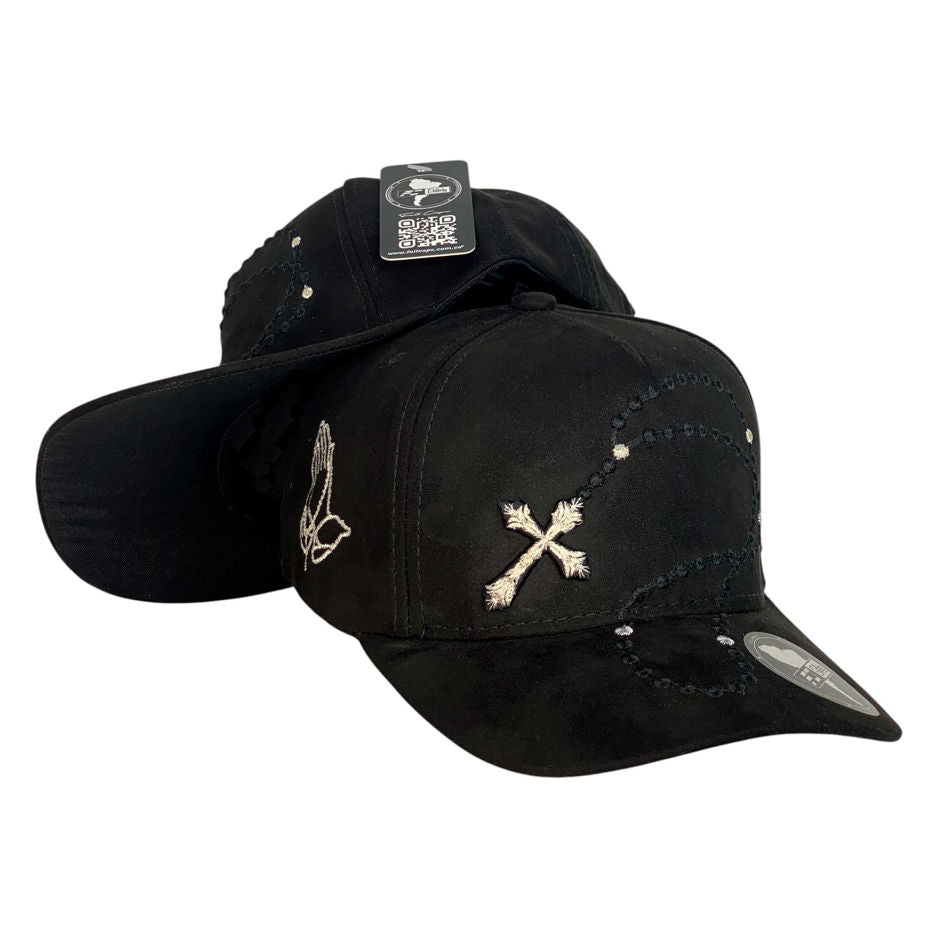Gorra FE Negra en Gamuza con Bordado de Cruz y Cristales.