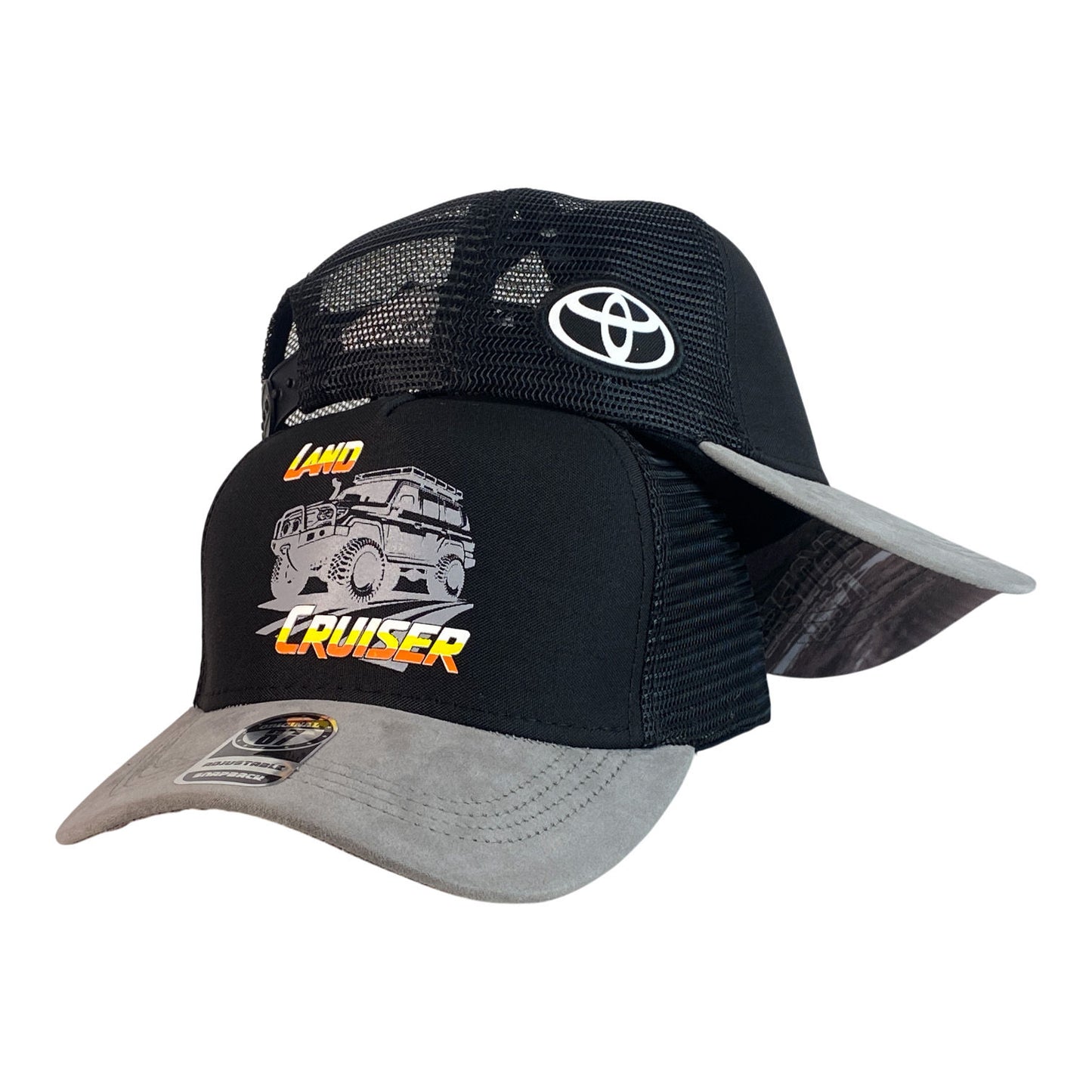 Gorra Toyota Negra en Gamuza con Malla Negra y Estampado Land Cruiser.