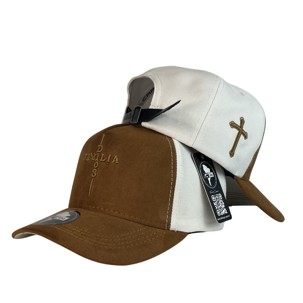 Gorra FE Marrón en Gamuza con Bordado en Relieve y Cierre de Cuero.