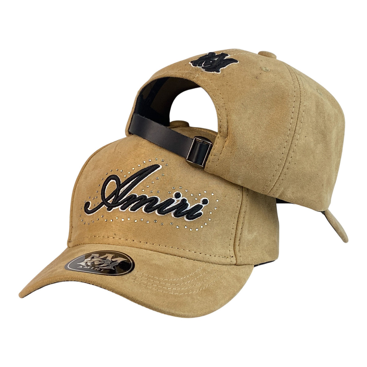 Gorra Amiri Beige en Gamuza con Cristales y Cierre de Cuero.