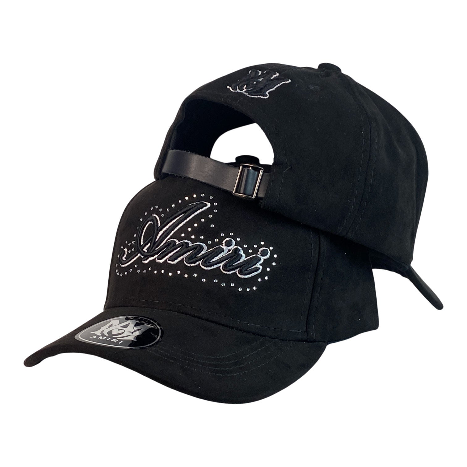 Gorra Amiri Negra en Gamuza con Cristales y Cierre de Cuero.