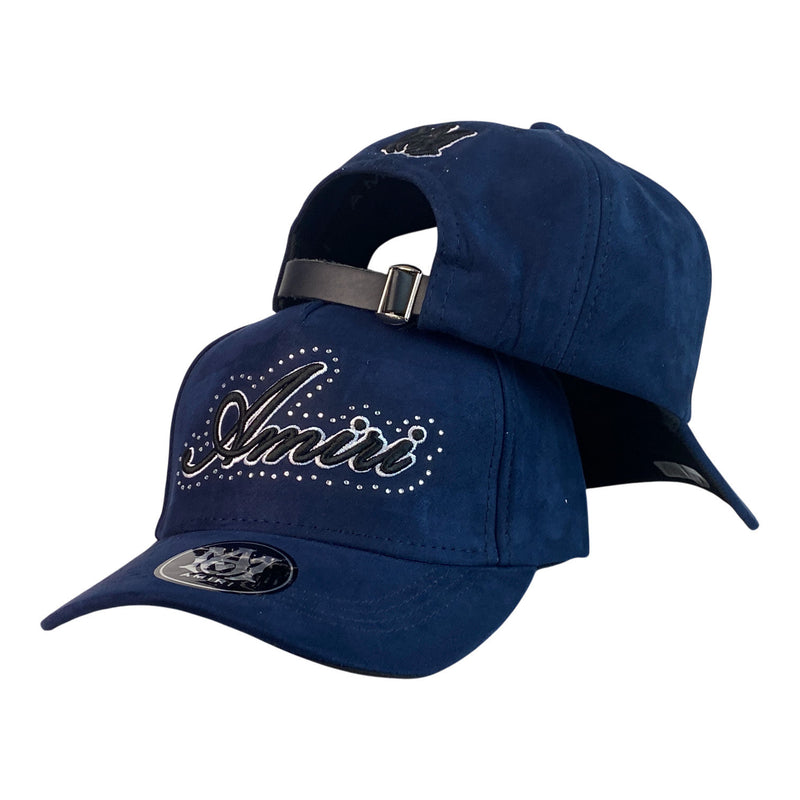 Gorra Amiri Azul en Gamuza con Cristales y Cierre de Cuero.