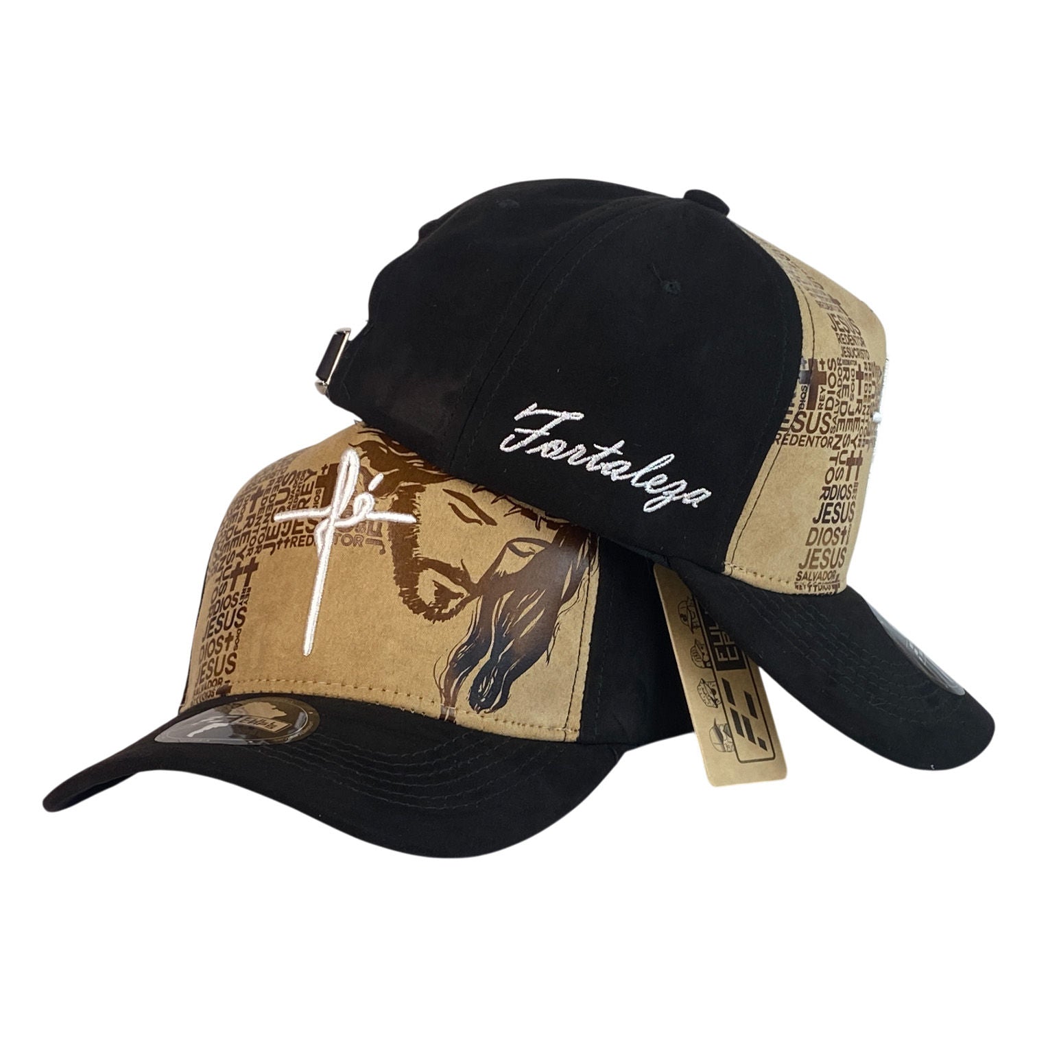 Gorra FE Negra con Estampado de Jesús y Bordado en Relieve.