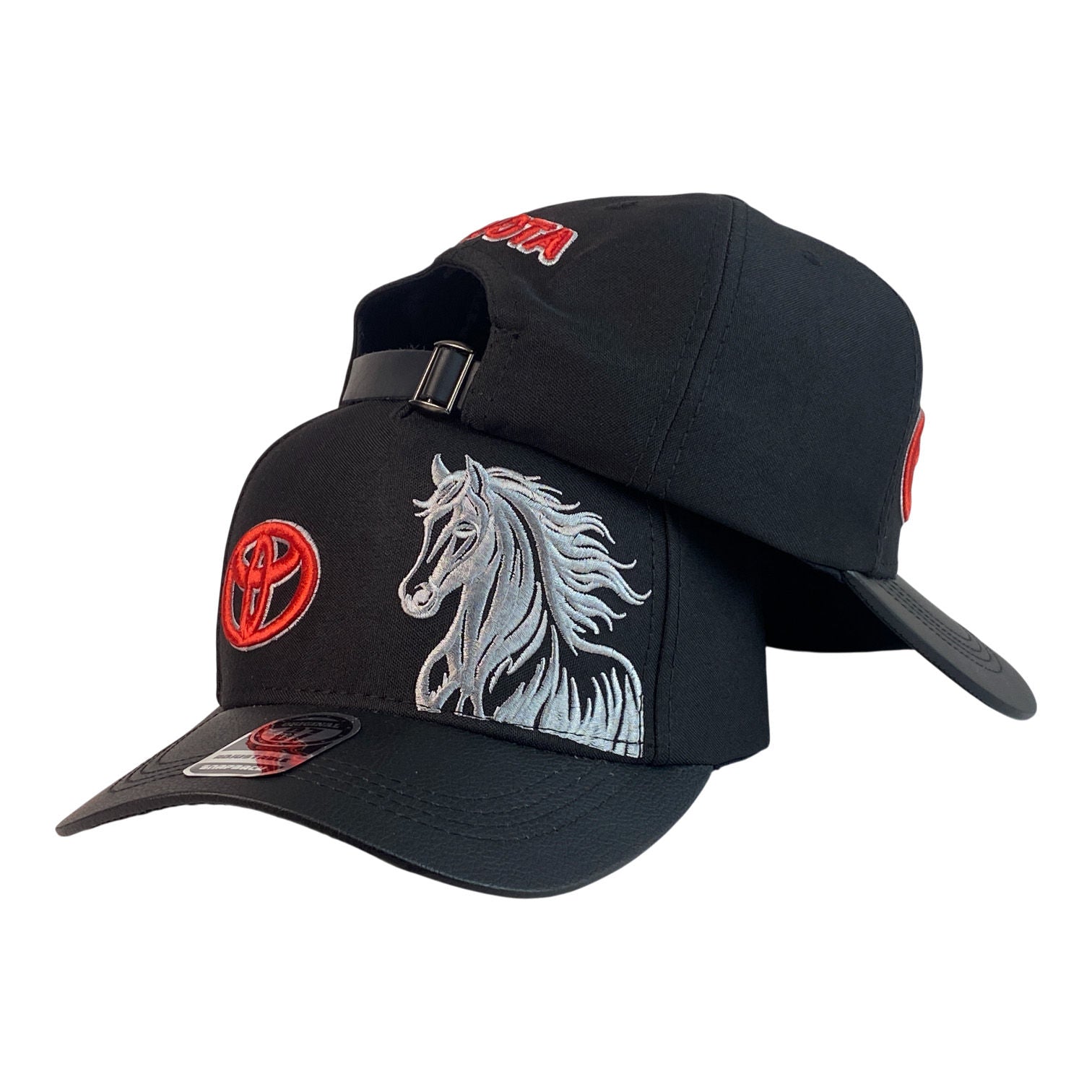 Gorra Toyota Negra con Bordado de Caballo y Cierre de Cuero.