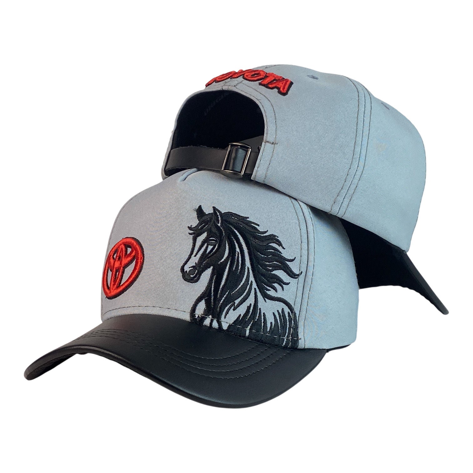 Gorra Toyota Gris con Visera Negra y Bordado de Caballo.