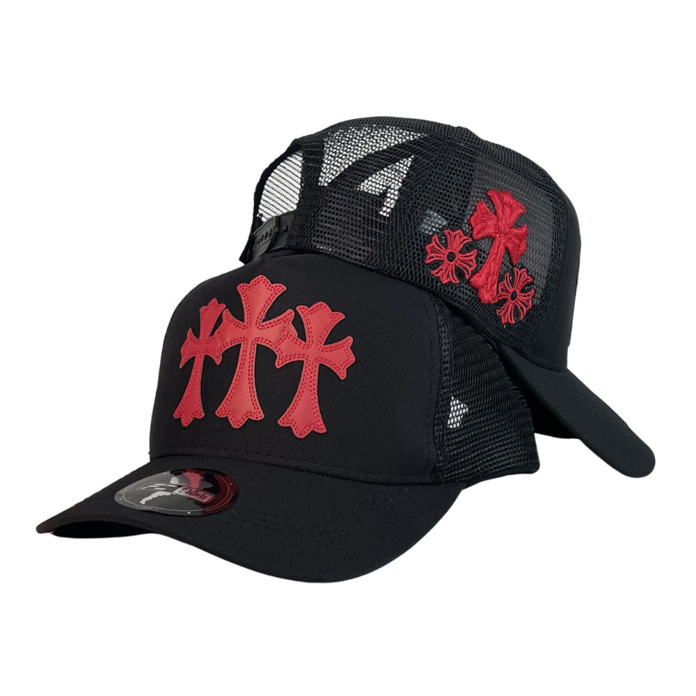 Gorra Full Caps Negra con Bordado de Cruces y Malla Negra.