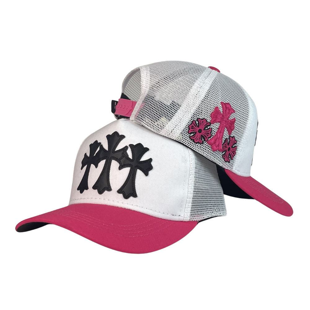 Gorra Full Caps Blanca con Rosa con Malla Blanca y Bordado de Cruces.