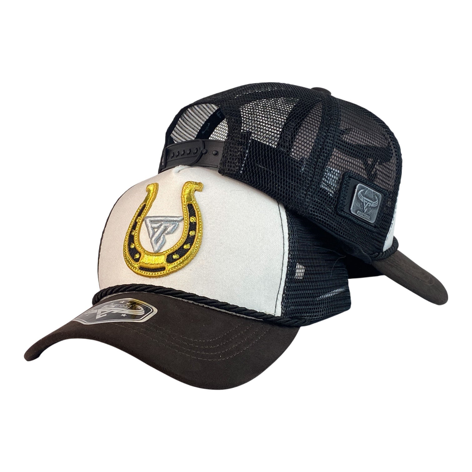 Gorra Full Corral Blanca y Negra con Bordado de Herradura y Malla Negra.