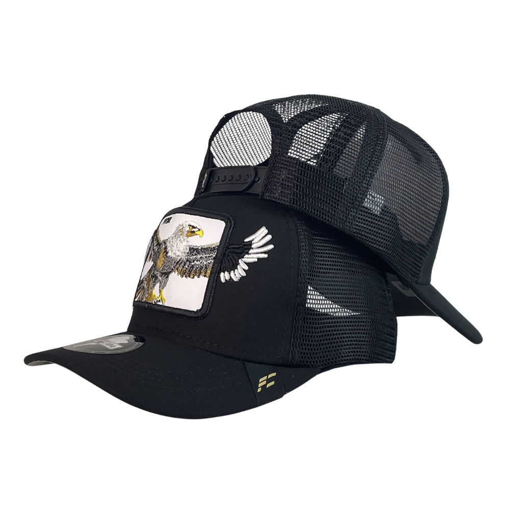 Gorra Full Corral Negra con Bordado de Águila y Malla Negra.