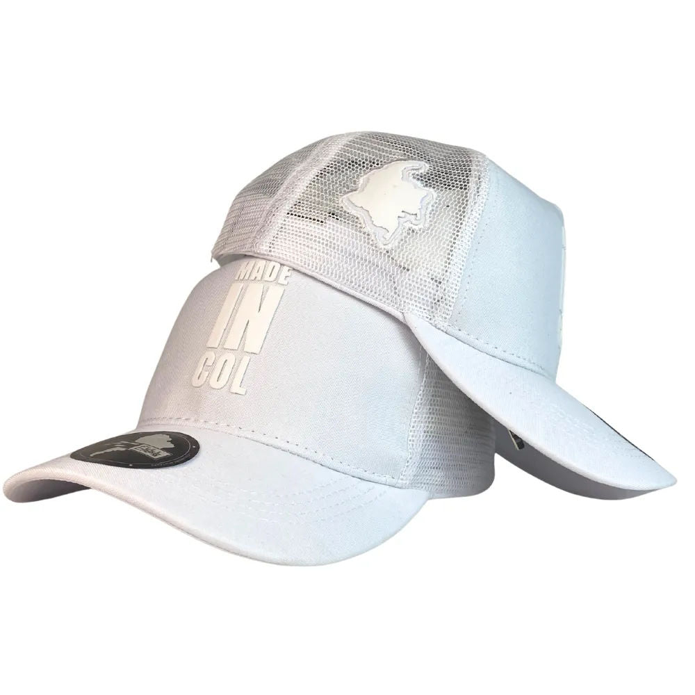 Gorra Colombia Blanca con Malla Blanca y Bordado en Relieve.