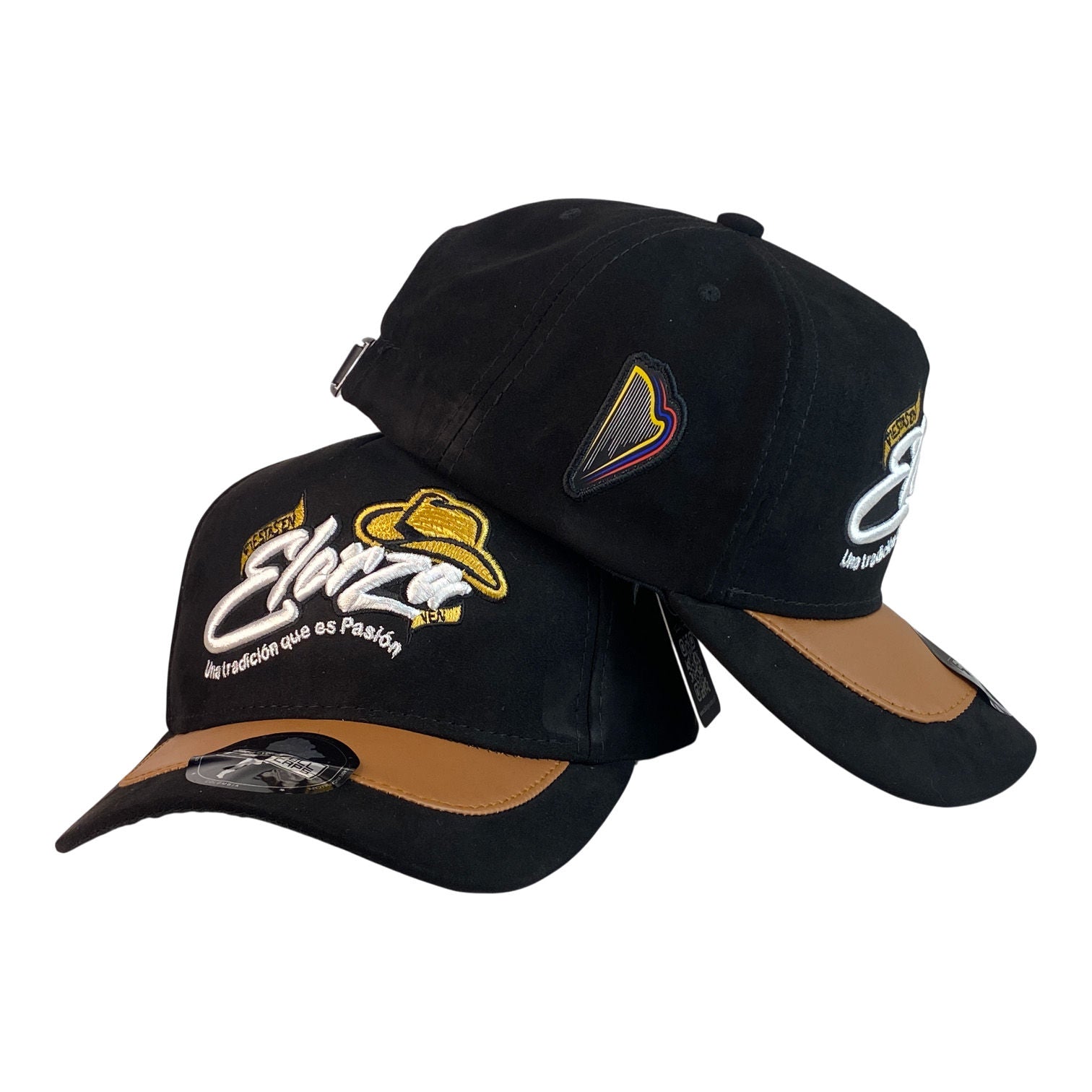 Gorra Elorza Negra en Gamuza con Visera Miel y Bordado en Relieve.