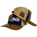 Gorra Elorza Azul y Beige en Gamuza con Parche de Cuero y Bordado en Relieve.