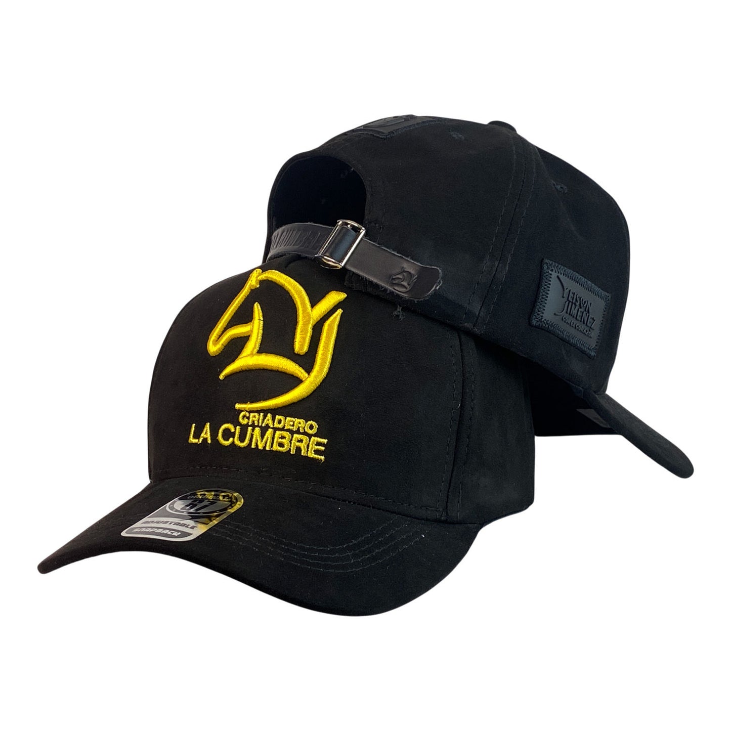 Gorra YJ Negra en Gamuza con Bordado en Relieve y Cierre de Cuero.