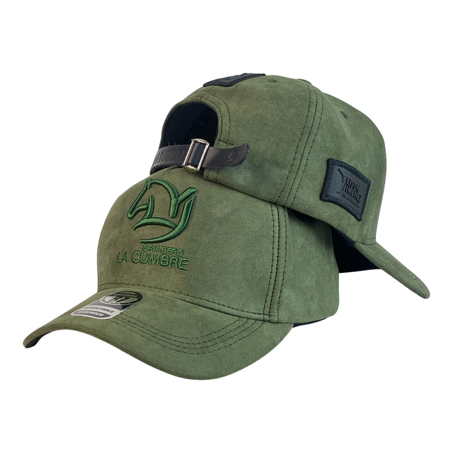 Gorra Yeison Jimenez Verde en Gamuza con Bordado en Relieve y Cierre de Cuero.