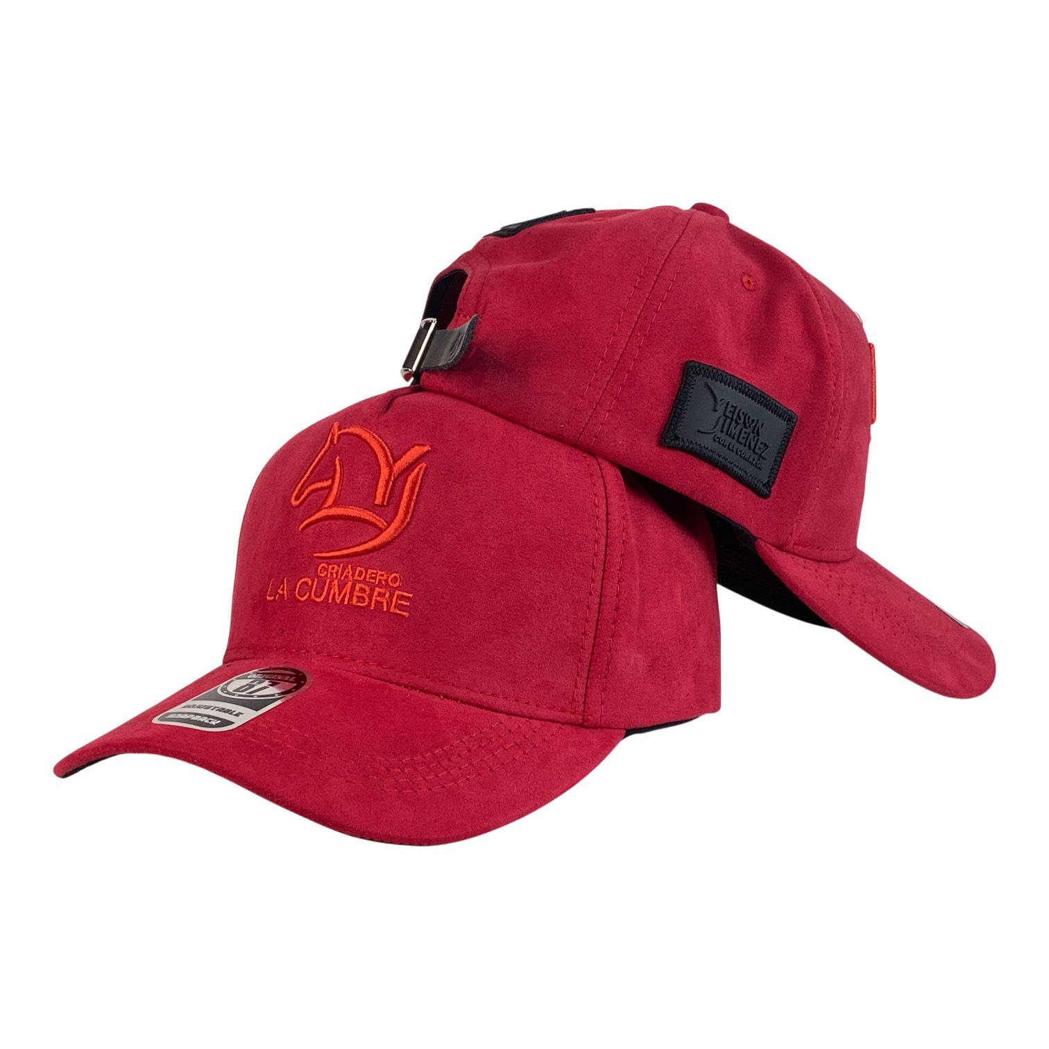 Gorra Yeison Jimenez Roja en Gamuza con Bordado en Relieve y Parche Lateral.