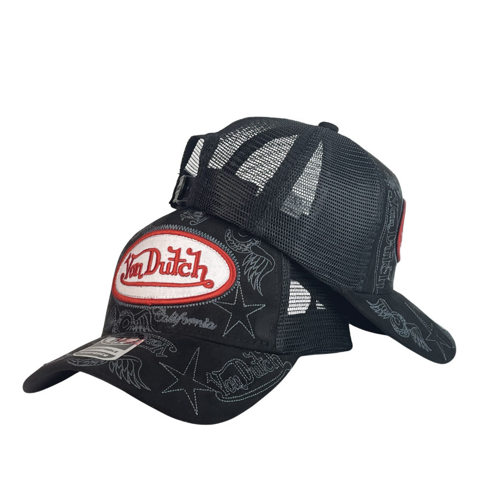 Gorra Von Dutch Negra con Malla Negra y Estampado.