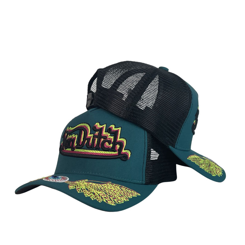 Gorra Von Dutch Verde con Malla Negra y Bordado en Relieve.