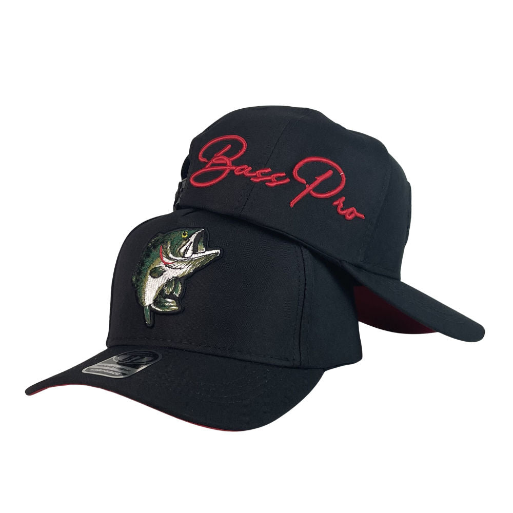 Gorra Bass Pro Shop Negra con Bordado de Pez y Bordado en Relieve.