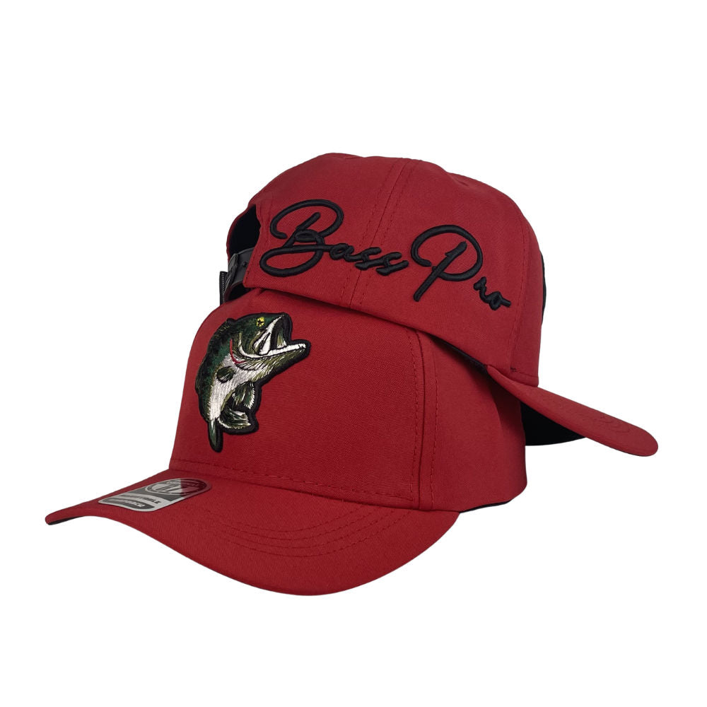 Gorra Bass Pro Shop Roja con Bordado de Pez y Bordado en Relieve.