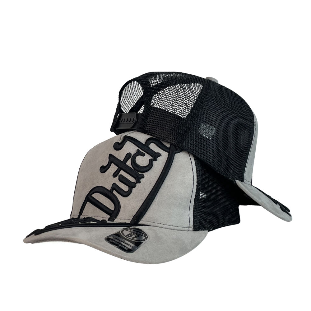 Gorra Von Dutch Gris en Gamuza con Bordado en Relieve y Malla Negra.