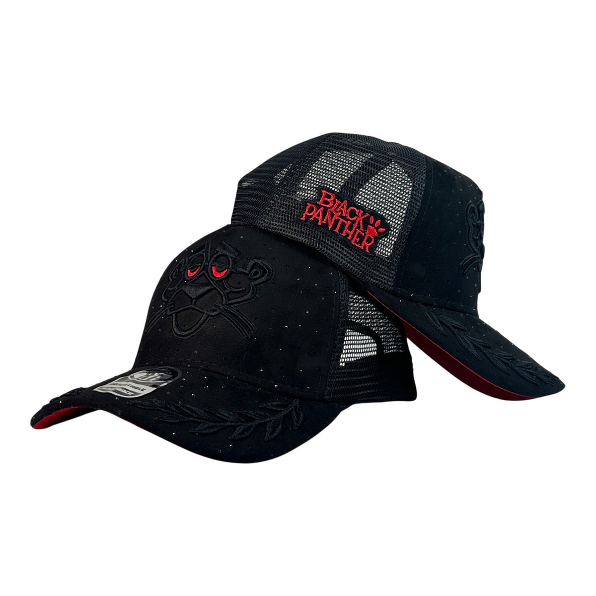 Gorra Full Caps Negra en Gamuza con Malla Negra y Bordado en Relieve.
