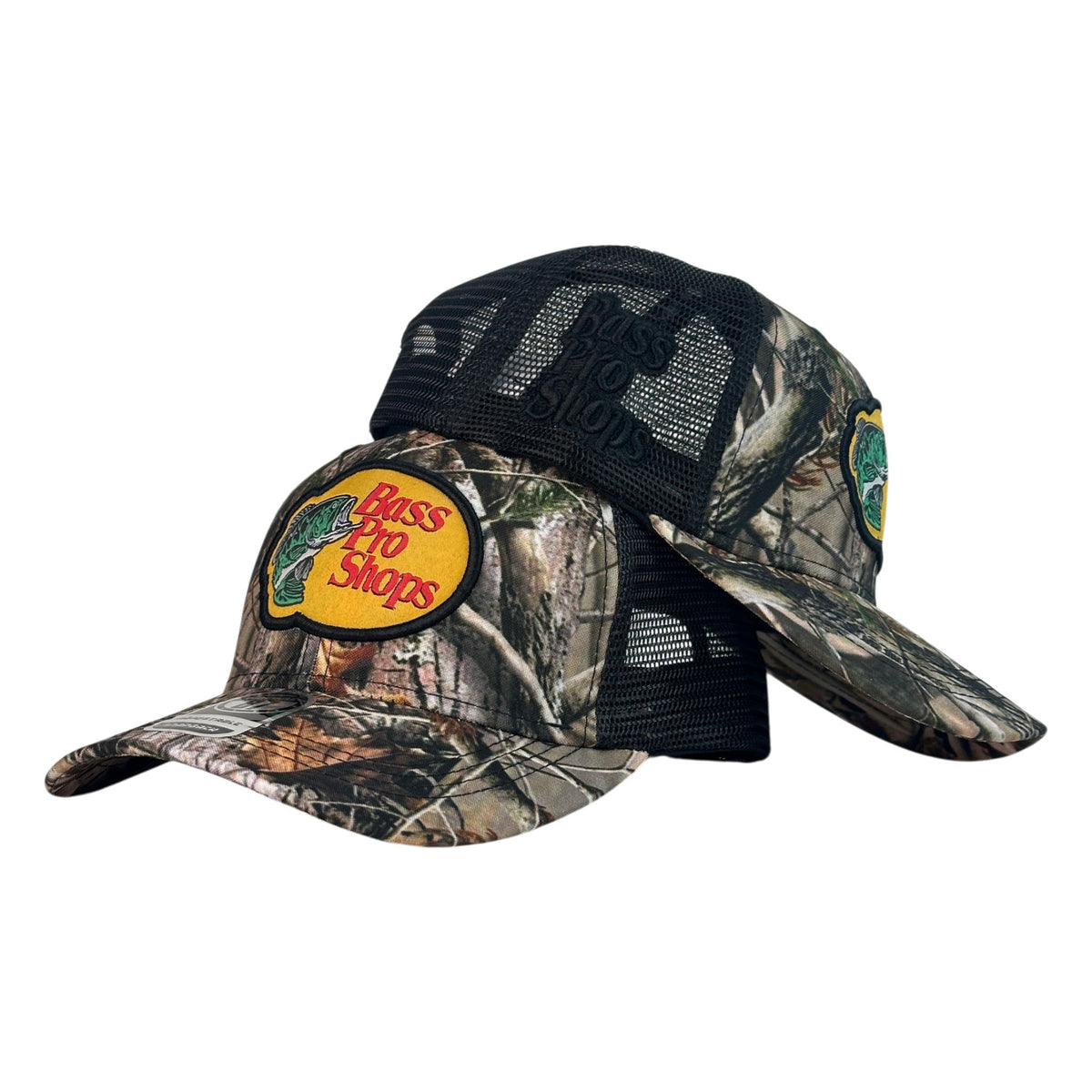 Gorra Bass Pro Shop Camo con Malla Negra y Parche Bordado.