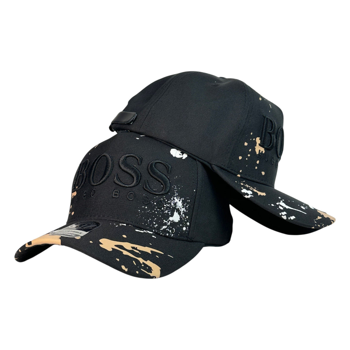 Gorra Hugo Boss Negra con Bordado en Relieve y Estampado de Salpicaduras.