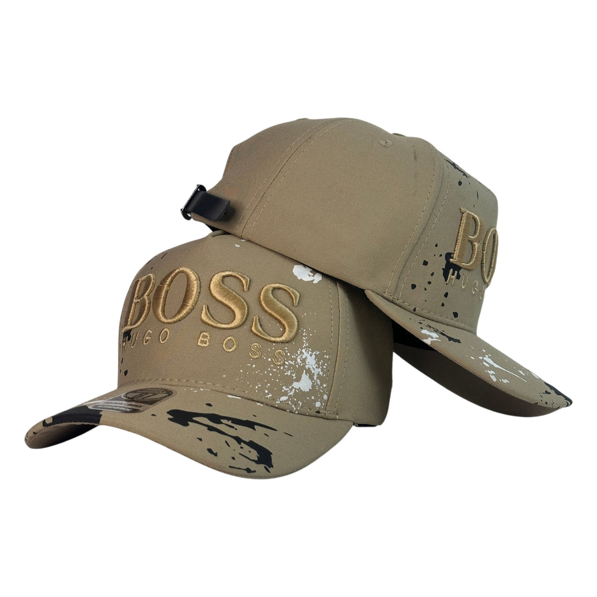 Gorra Hugo Boss Beige con Bordado en Relieve y Estampado de Salpicaduras.