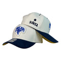 Gorra Venezuela Beige en Gamuza con Visera Azul y Bordado de Alta Densidad.