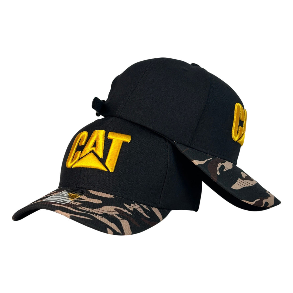 Gorra Caterpillar Negra con Visera Camo y Bordado en Relieve.