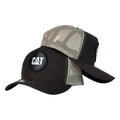 Gorra Caterpillar Marrón con Malla Beige y Parche Circular.