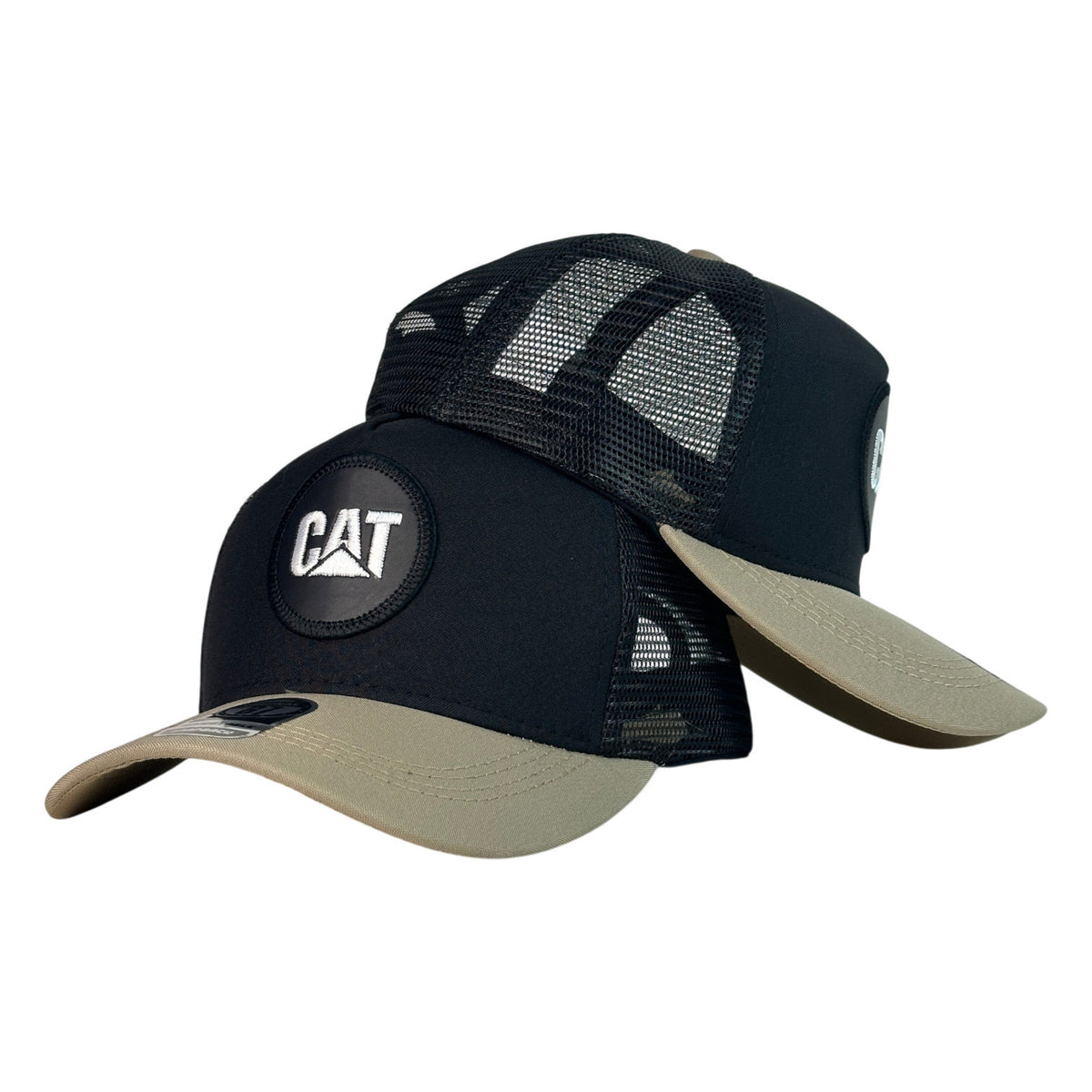 Gorra Caterpillar Negra con Malla Negra y Visera Beige.