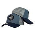 Gorra Caterpillar Azul con Malla Gris y Parche Circular.