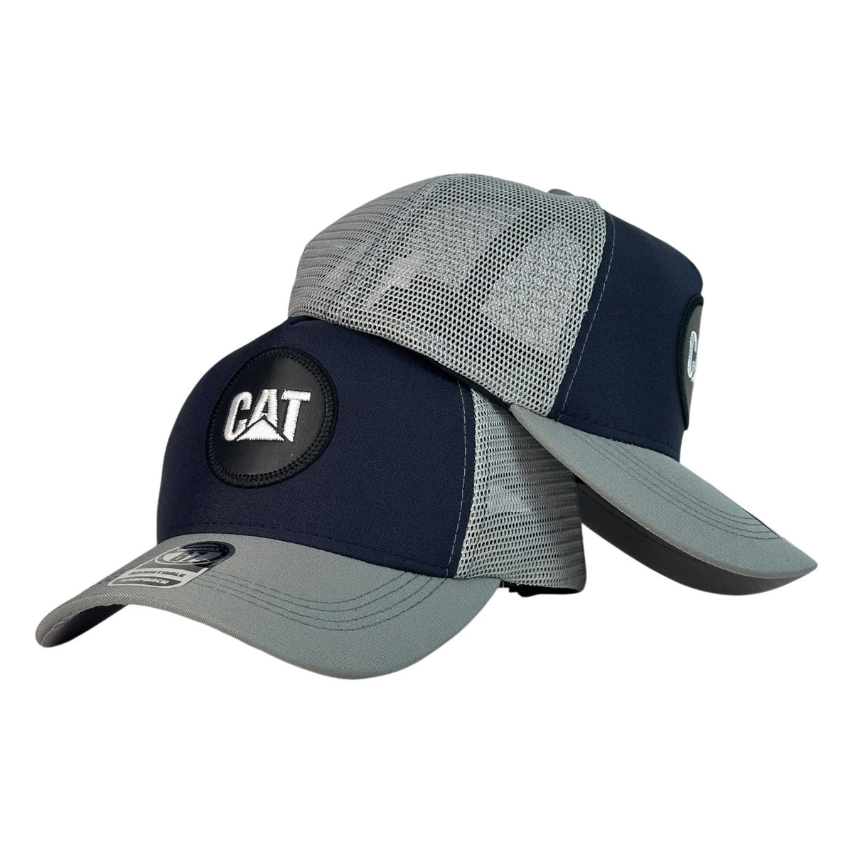 Gorra Caterpillar Azul con Malla Gris y Visera Gris.