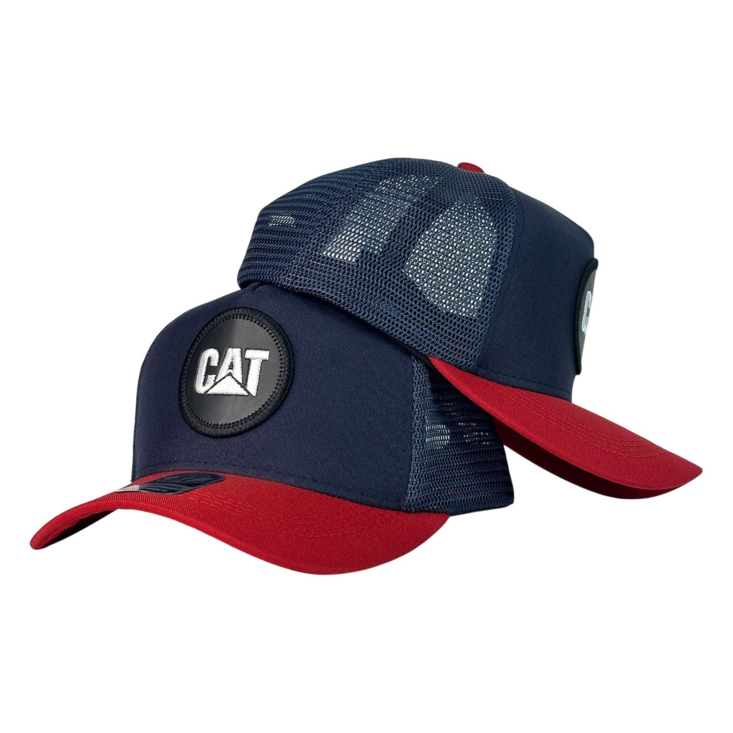 Gorra Caterpillar Azul con Malla Azul y Parche Circular.