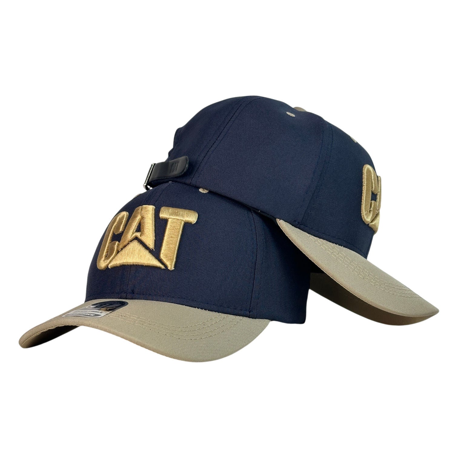 Gorra Caterpillar Azul con Visera Beige y Bordado en Relieve.