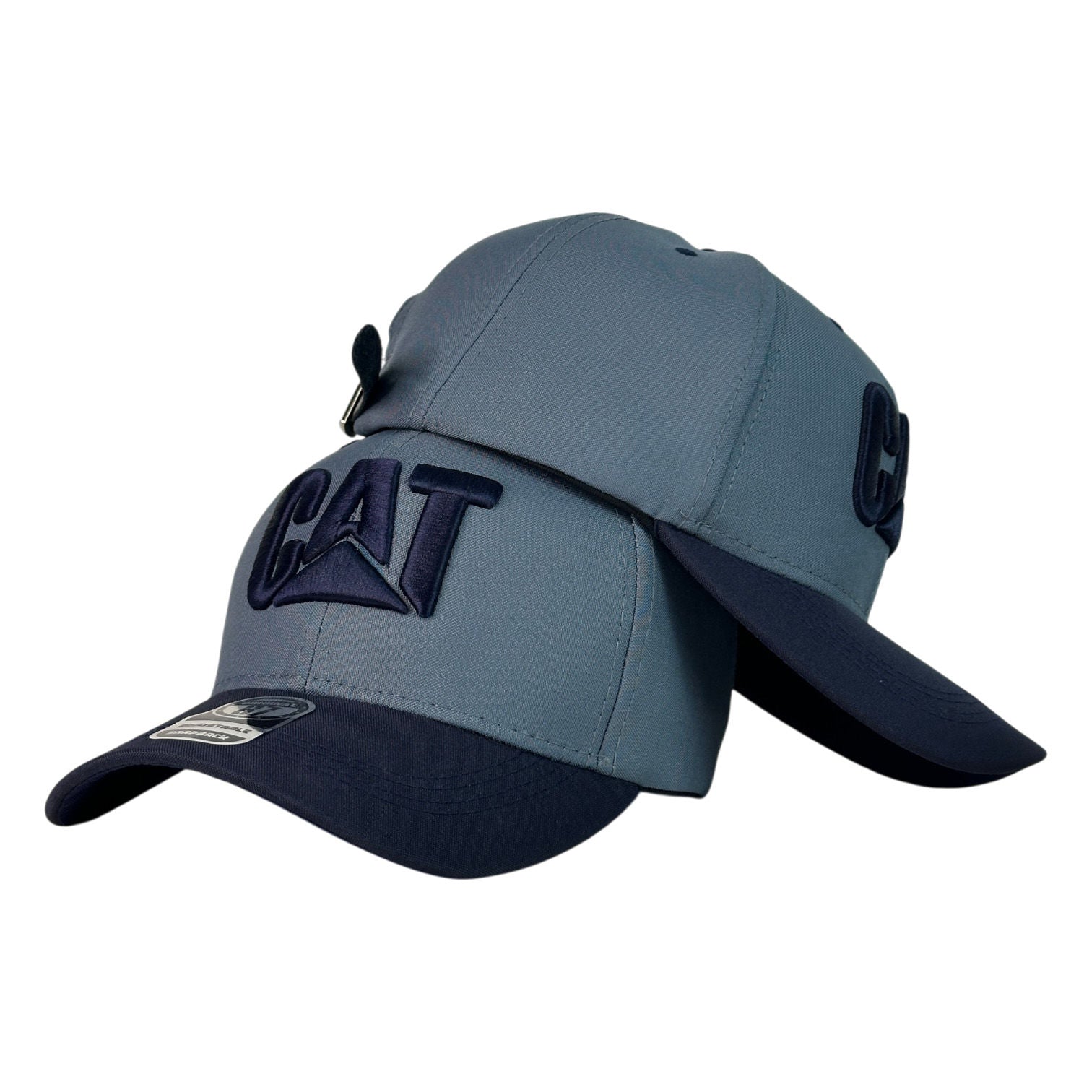 Gorra Caterpillar Gris con Bordado en Relieve y Visera Azul.