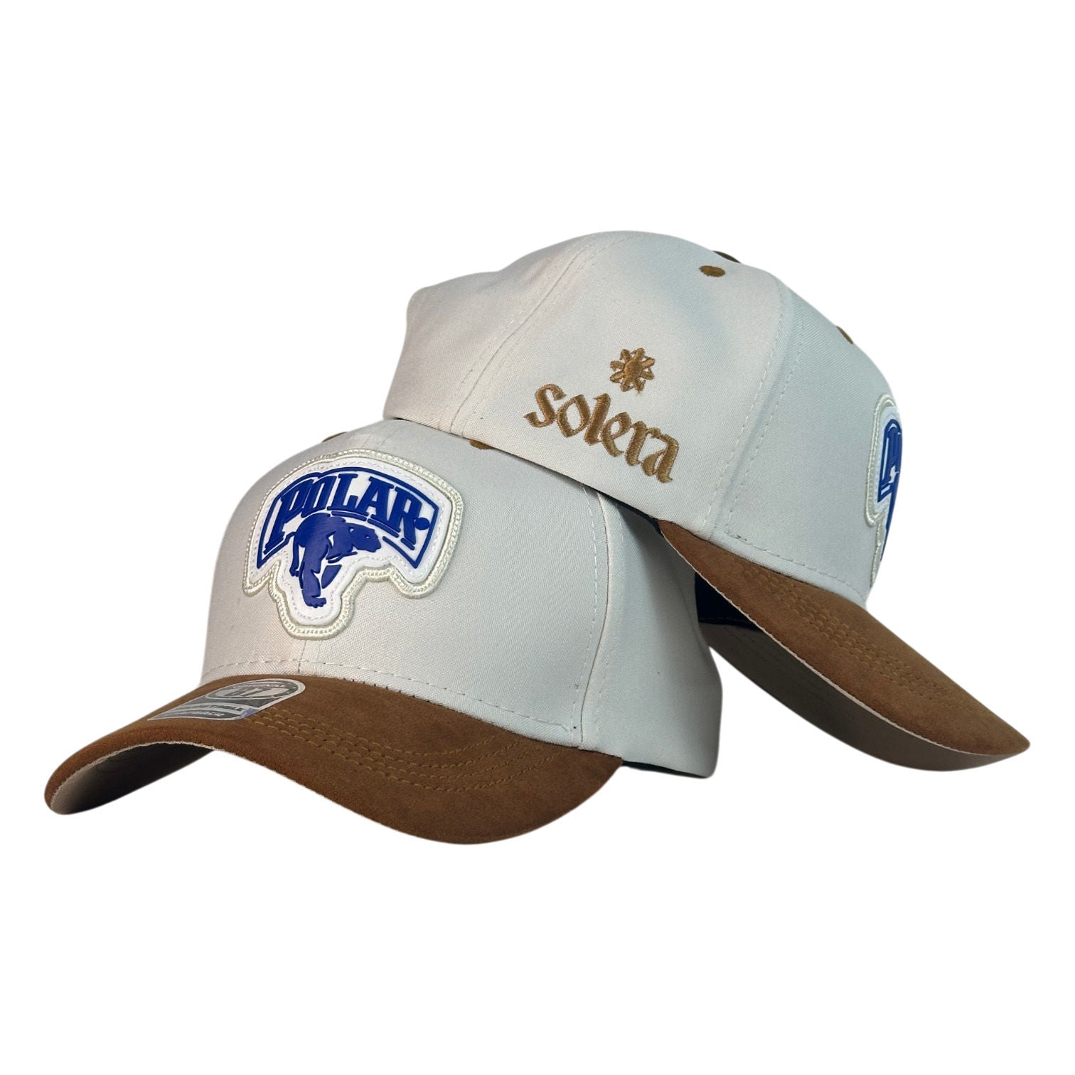 Gorra Venezuela Blanca en Gamuza con Visera Marrón y Bordado Solera.