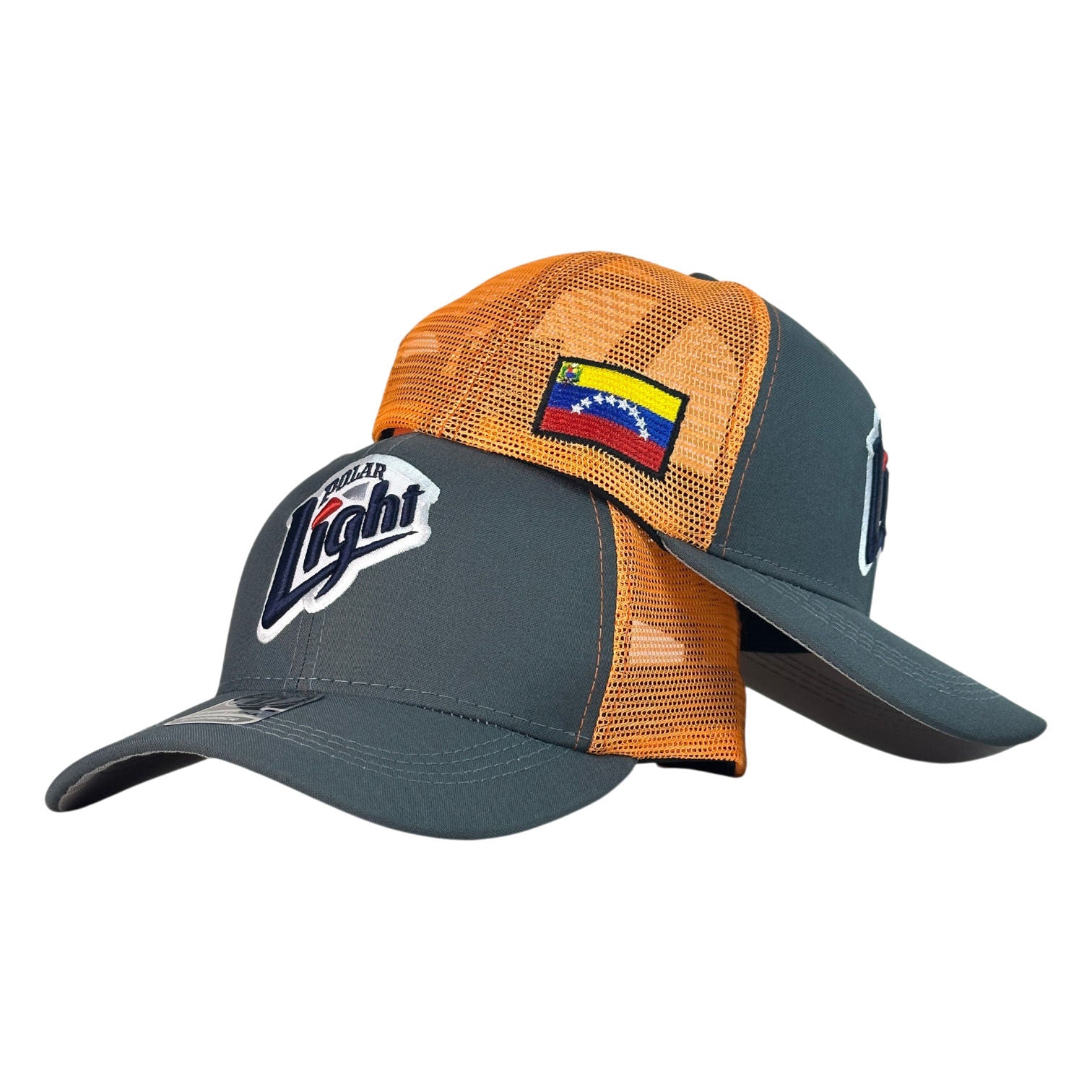 Gorra Venezuela Gris con Malla Naranja y Bordado Polar Light.