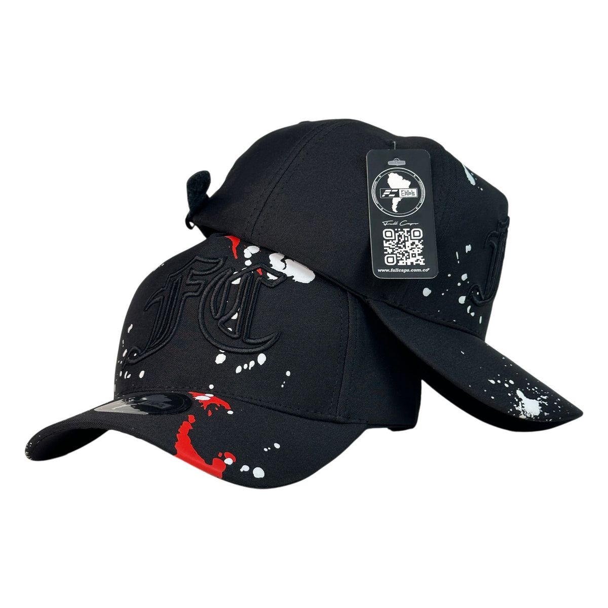 Gorra Full Caps Negra con Estampado de Salpicaduras y Bordado en Relieve.