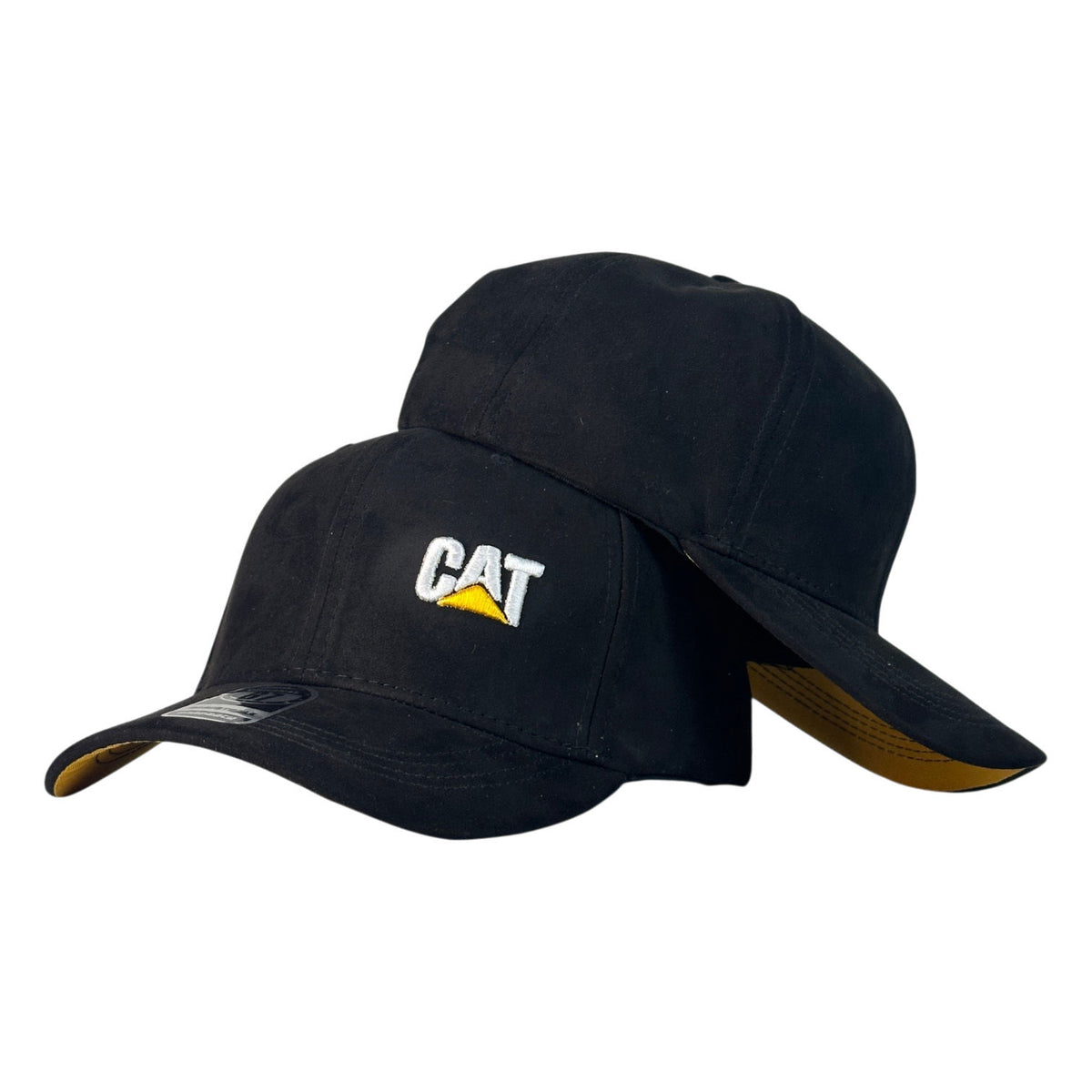 Gorra Caterpillar Negra en Gamuza con Bordado en Relieve y Visera Miel.