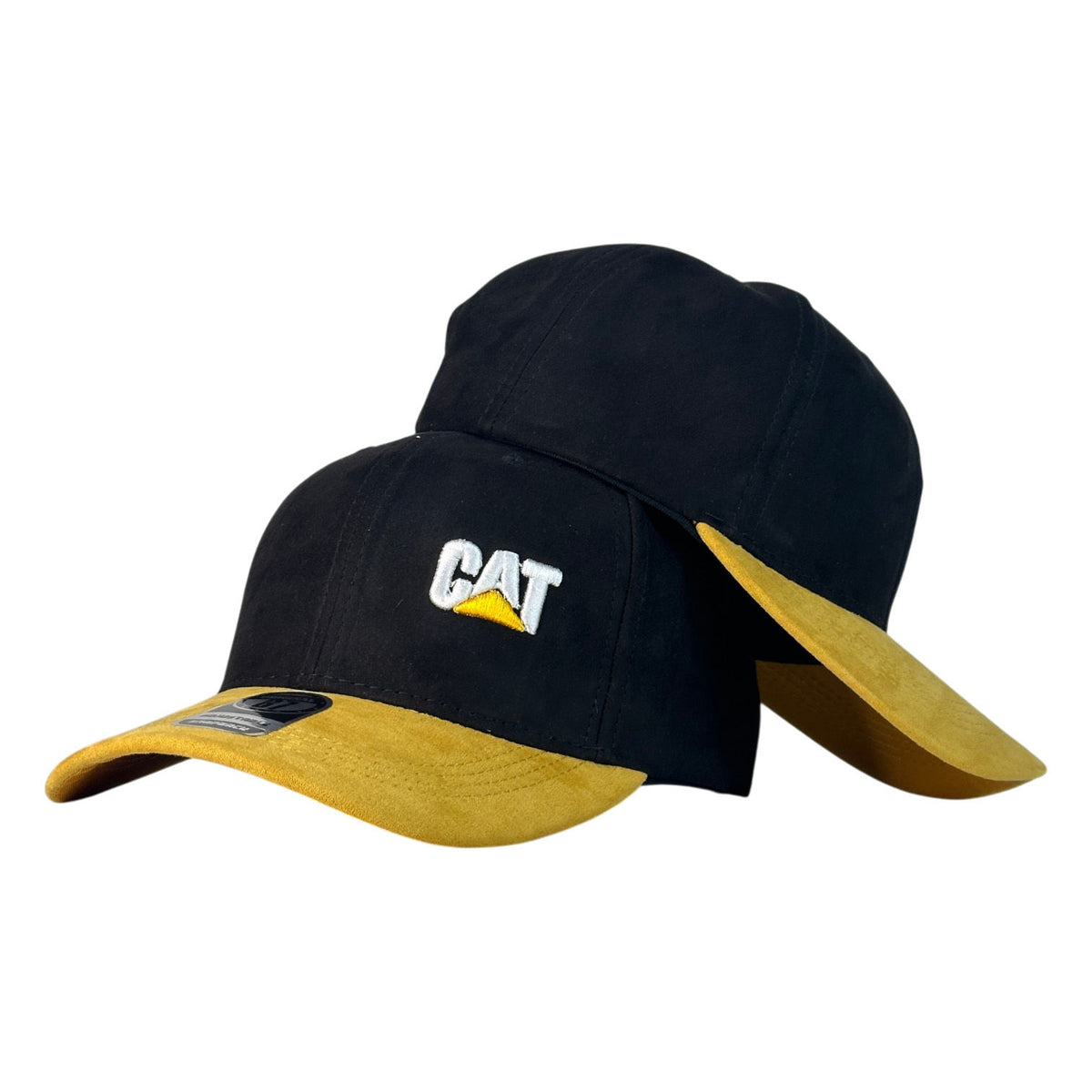 Gorra Caterpillar Negra en Gamuza con Visera Miel y Bordado en Relieve.