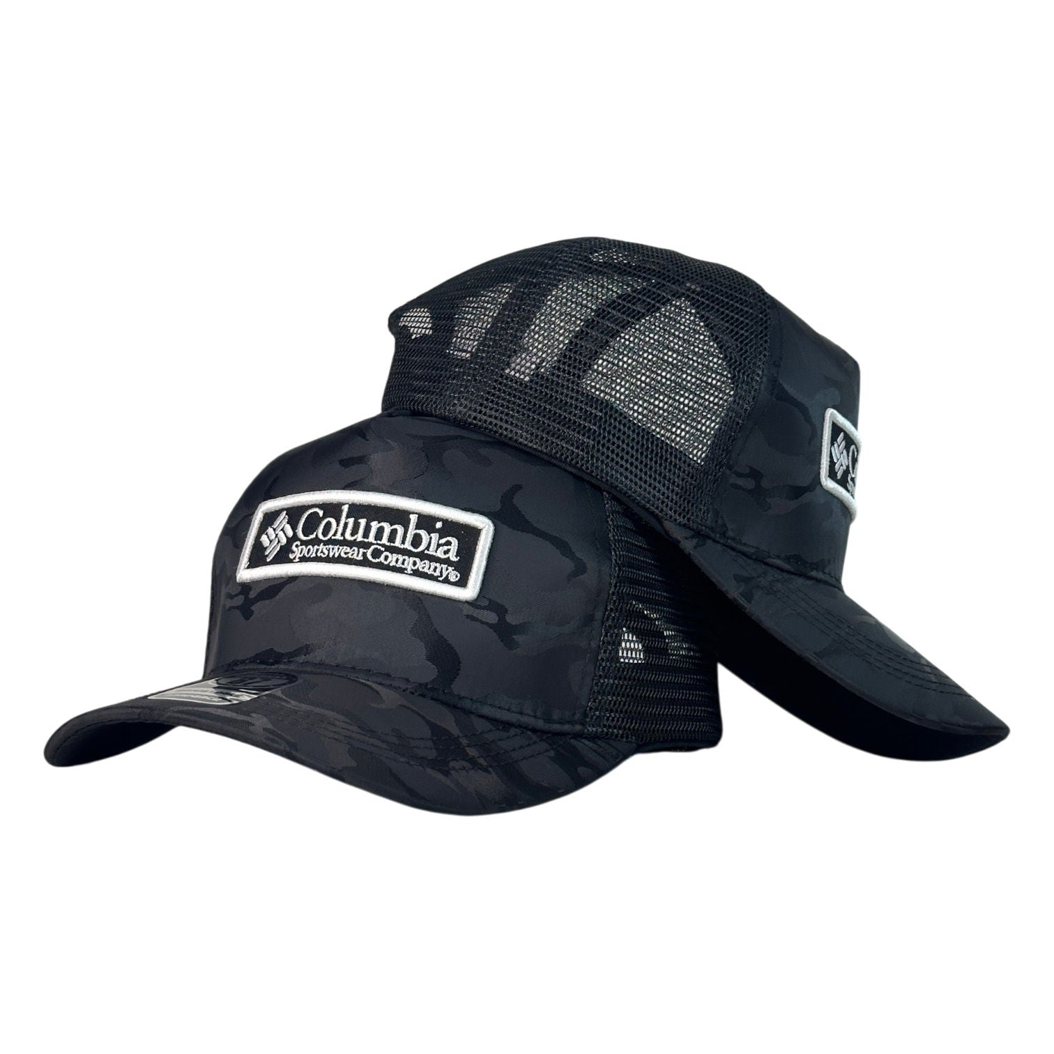 Gorra Columbia Camo Negra con Malla Negra y Parche Bordado.